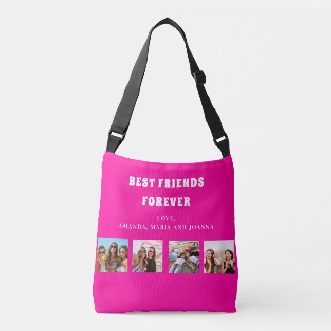 Friends forever hot pink photo collage names crossbody bag (Front)