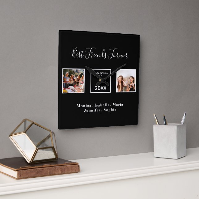 Friends forever names black white photo square wall clock (Office)