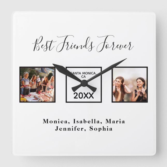 Friends forever names white photo square wall clock (Front)
