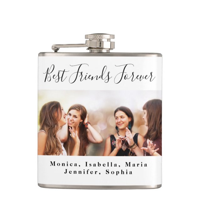 Friends forever photo names white black hip flask (Front)