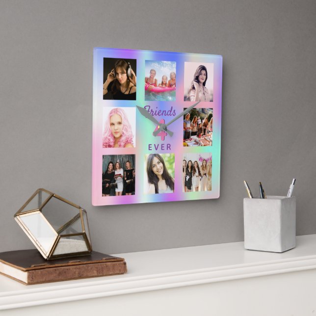 Friends forever pink purple mint photo collage square wall clock (Office)
