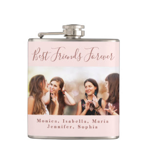 Friends forever rose gold blush photo names hip flask