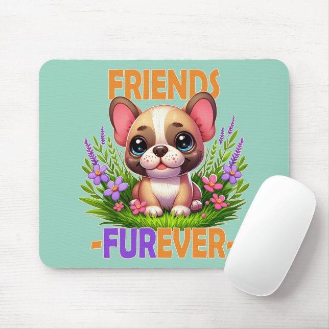 Friends Furever pun. Cute French Bulldog puppy dog Mouse Pad (With Mouse)