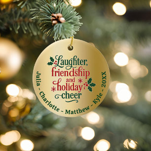 Friends gold red green typography Christmas Ceramic Ornament
