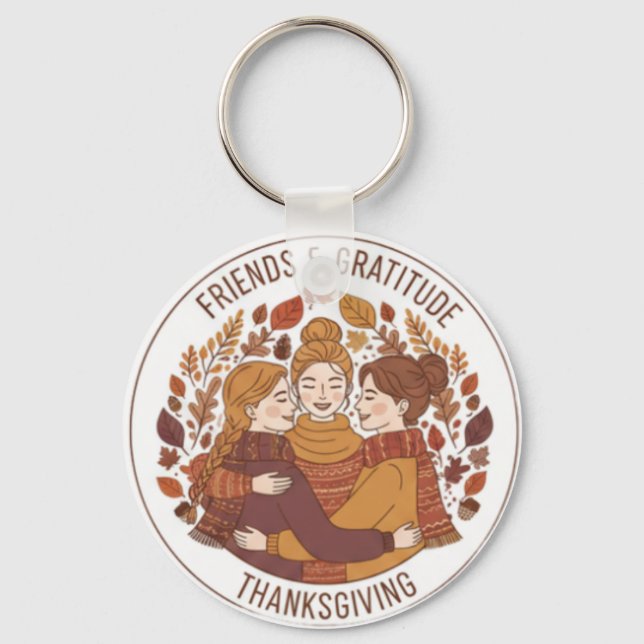 Friends & Gratitude Hugging Girls | Thanksgiving  Key Ring (Front)