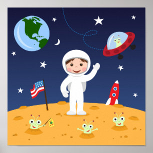 Friends in space, cute kids cartoon wall art