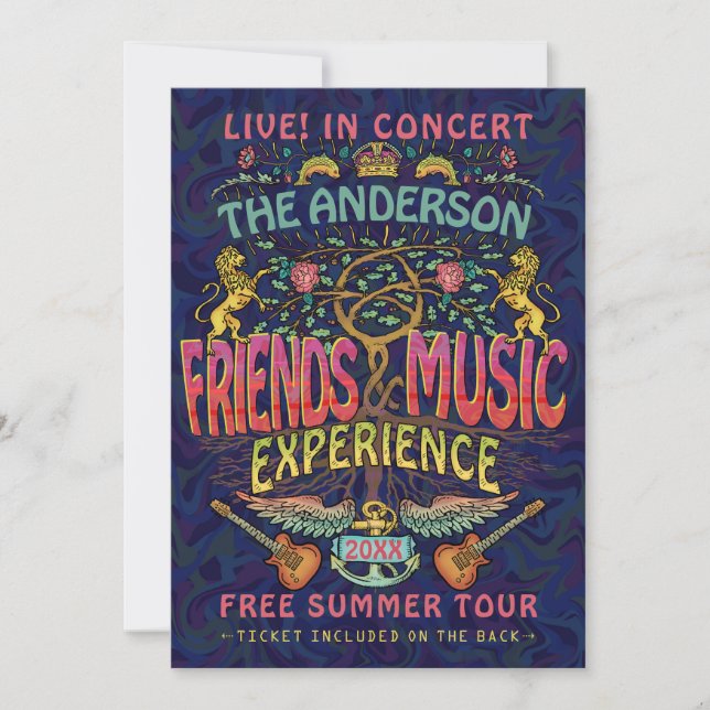 Friends Music Band Retro 70s Concert Ticket Theme Invitation (Front)
