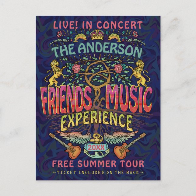 Friends Music Band Retro 70s Concert Ticket Theme Postcard (Front)