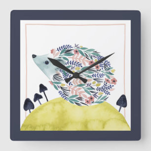 Friends of Clementine   Folk Art Hedge Hog Square Wall Clock