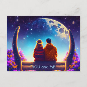 Friends or lovers on a bench in the moonlight postcard
