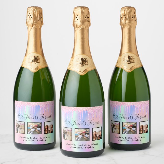 Friends pink holographic glitter drips photo sparkling wine label (Bottles)
