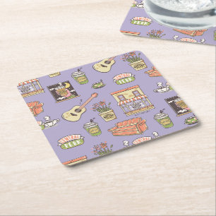 FRIENDS™   Purple Icon Pattern Square Paper Coaster