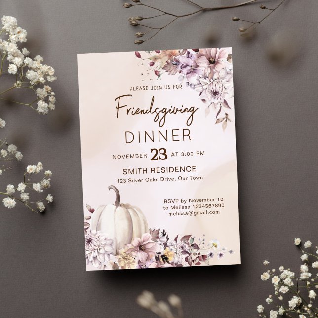 Friendsgivig Thanksgiving fall foliage pumpkins Invitation (Friendsgiving thanksgiving dinner party template invitation pastel brown watercolor pumpkin)