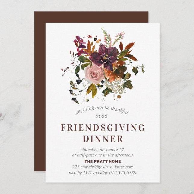 Friendsgiving Dinner Burgundy Red Autumn Floral Invitation (Front/Back)
