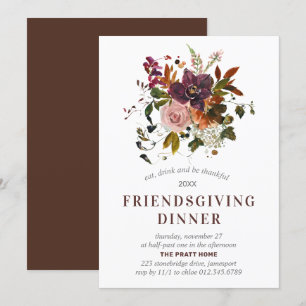 Friendsgiving Dinner Burgundy Red Autumn Floral Invitation