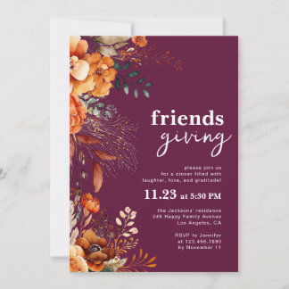 Friendsgiving dinner classy burgundy floral invitation