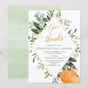 Friendsgiving dinner greenery green leaves gold invitation