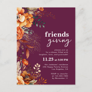 Friendsgiving dinner invitation autumnal floral postcard
