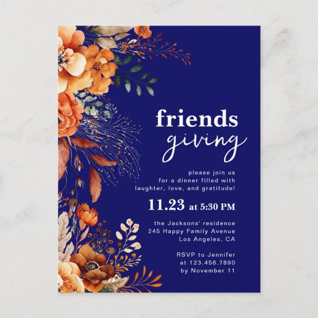 Friendsgiving dinner invitation autumnal floral postcard (Front)