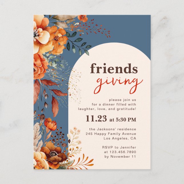 Friendsgiving dinner invitation autumnal floral postcard (Front)