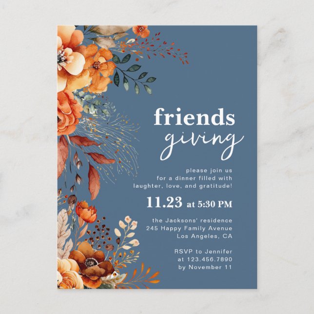 Friendsgiving dinner invitation autumnal floral postcard (Front)
