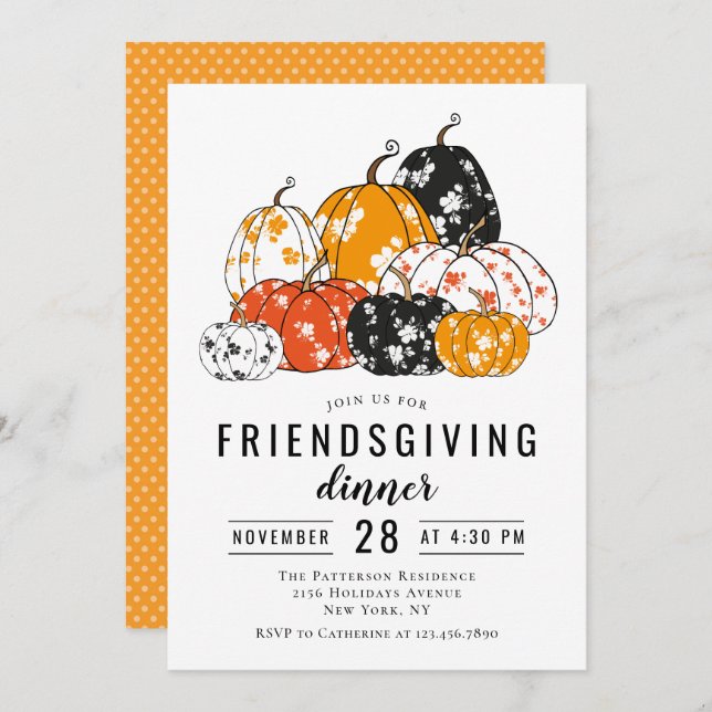 Friendsgiving Dinner Modern Floral Pumpkins Invitation (Front/Back)