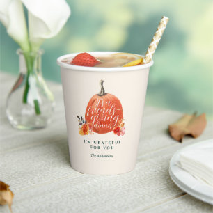 Friendsgiving Dinner Orange Autumn Pumpkin Floral Paper Cups