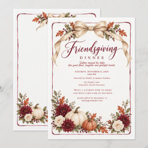 Friendsgiving Dinner Pumpkin Floral Bow Holiday Invitation