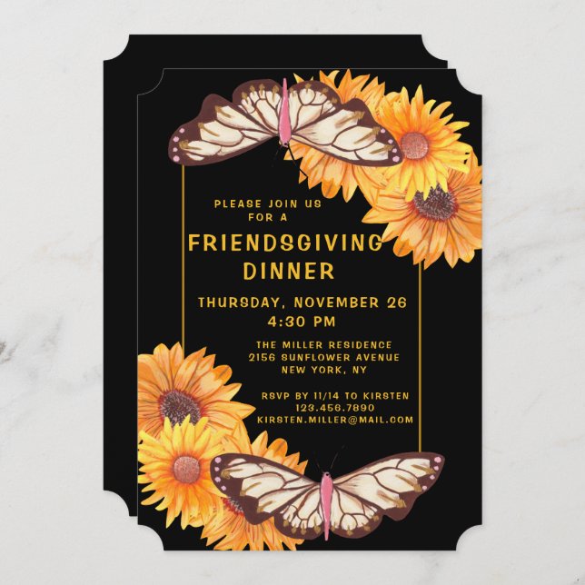 Friendsgiving Dinner Rustic Sunflowers Butterfly Invitation (Front/Back)