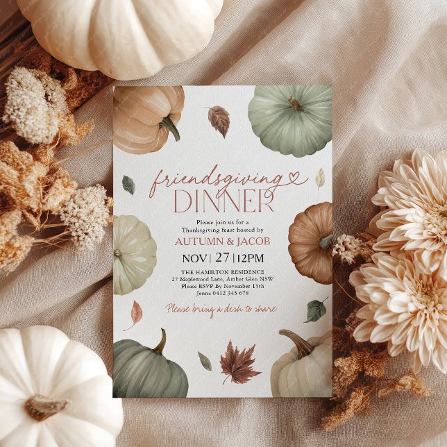 Friendsgiving Dinner Thanksgiving Pumpkin Fall Invitation (Friendsgiving Dinner Invitation with rustic pumpkins in shades of green and orange with fall leaves)