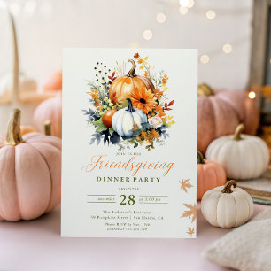 Friendsgiving Dinner Watercolor Floral Pumpkins  Invitation