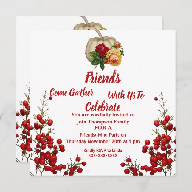 Friendsgiving Fall Autumn Pumpkin Roses Red Berry Invitation (Front/Back)