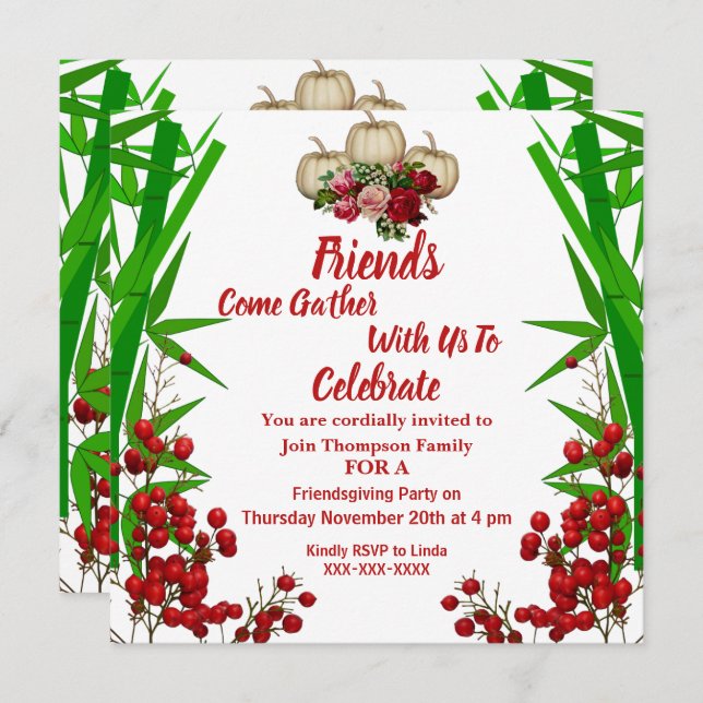 Friendsgiving Fall Autumn Pumpkins Rose Berry Bush Invitation (Front/Back)