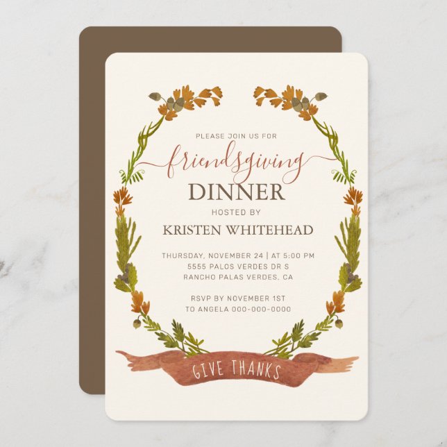 Friendsgiving Fall Wreath Give Thanks Invitation (Front/Back)