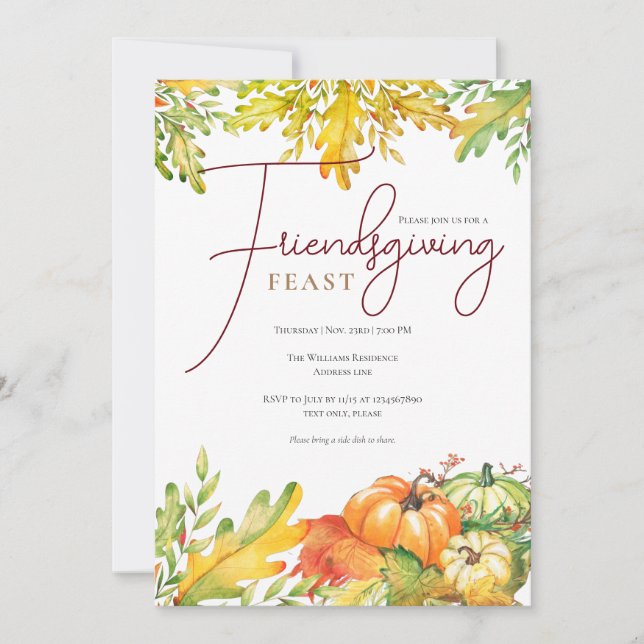 Friendsgiving Feast Pumpkin Thanksgiving Dinner Invitation (Front)