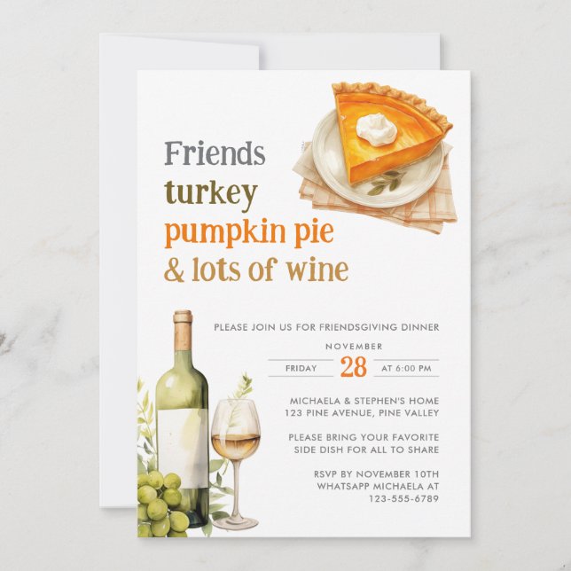 Friendsgiving Festive Pumpkin Pie & Wine Dinner Invitation (Front)