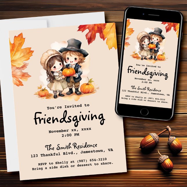 Friendsgiving Little Pilgrims Fall Watercolor Invitation (Creator Uploaded)
