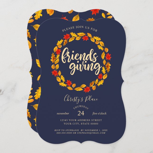 Friendsgiving Navy Autumn Leaves Wreath Invitation (Front/Back)