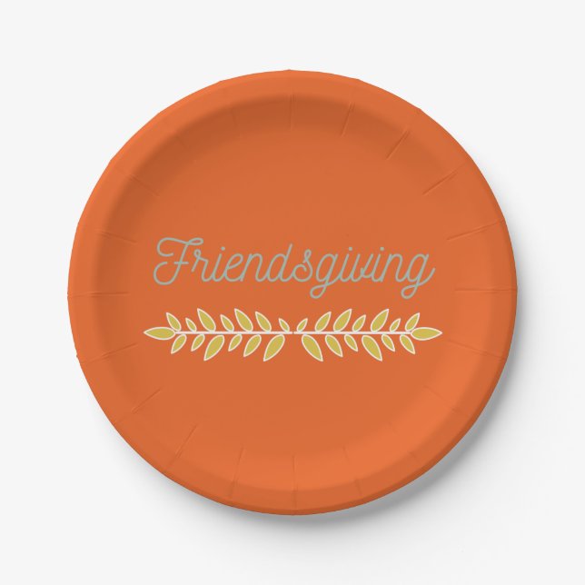 Friendsgiving Orange with Blue-Gray & Gold Paper Plate (Front)
