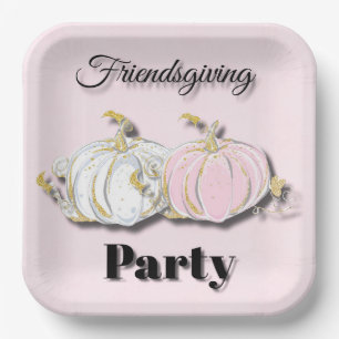 Friendsgiving Party Pink White Pumpkins Paper Plate