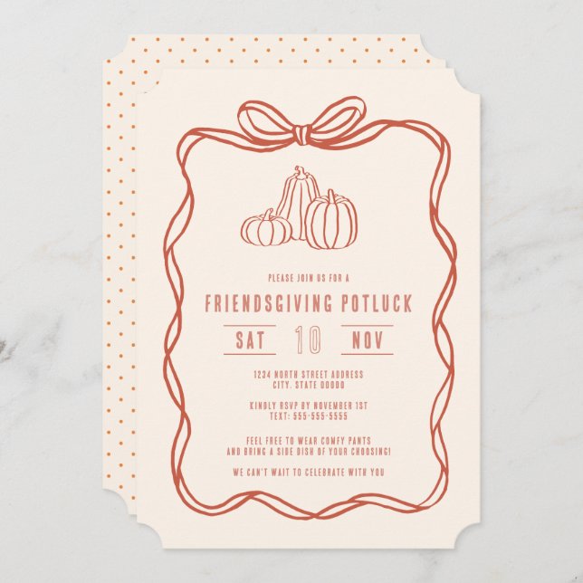 Friendsgiving Potluck Dinner Coquette Bow Pumpkins Invitation (Front/Back)