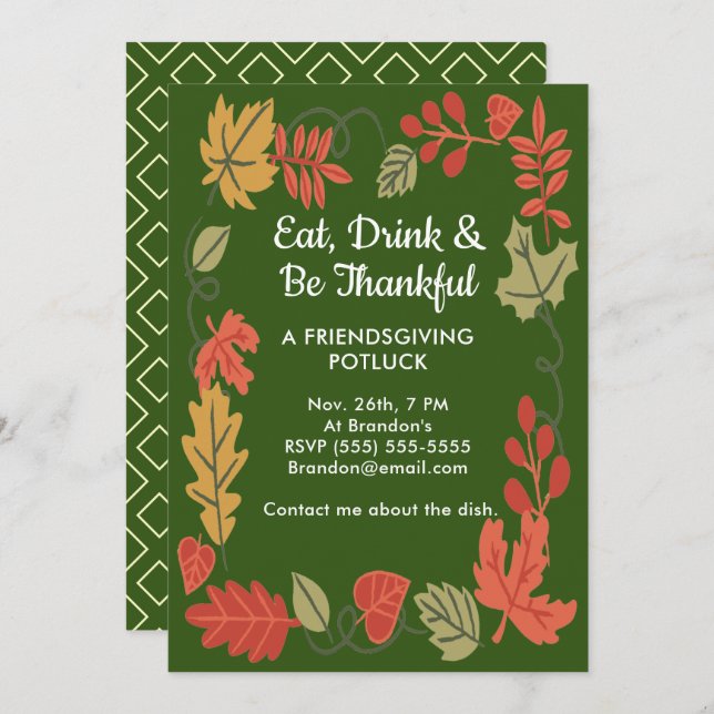 Friendsgiving Potluck Green Thanksgiving Invite (Front/Back)