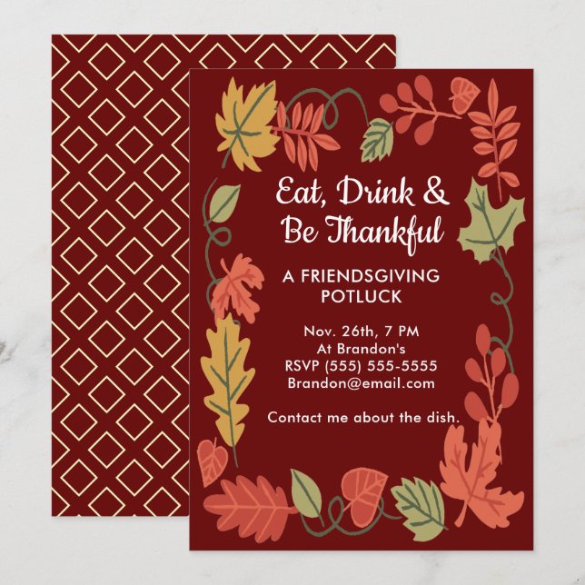 Friendsgiving Potluck Red Thanksgiving Invitation (Front/Back)