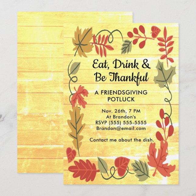 Friendsgiving Potluck Yellow Wood Design Invite (Front/Back)