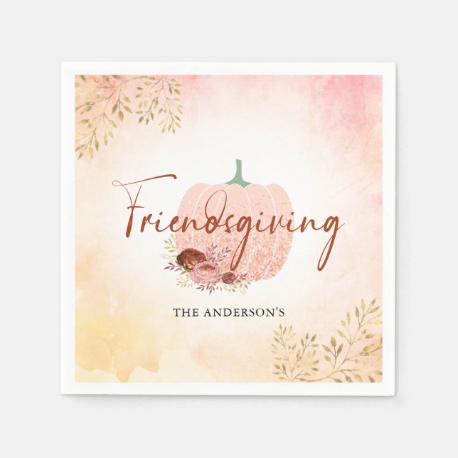 Friendsgiving Rose Gold Glitter Pumpkin Napkin (Front)