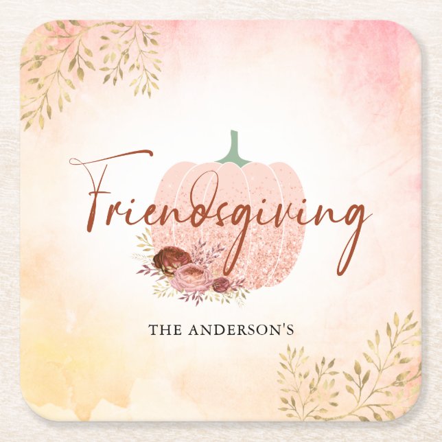 Friendsgiving Rose Gold Glitter Pumpkin Square Paper Coaster (Front)