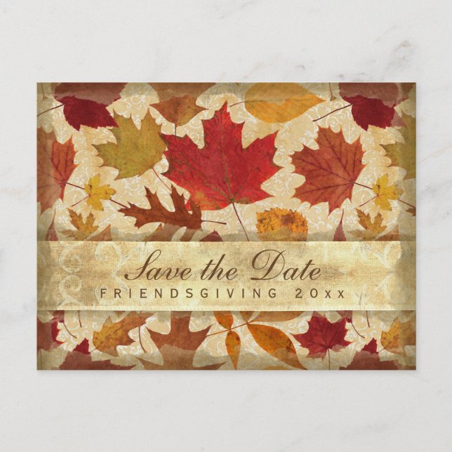 Friendsgiving Save the Date Autumn Leaves Beige Invitation Postcard (Front)