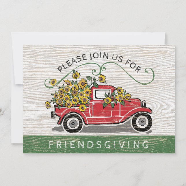 Friendsgiving Vintage Red Truck Sunflowers Floral Invitation (Front)