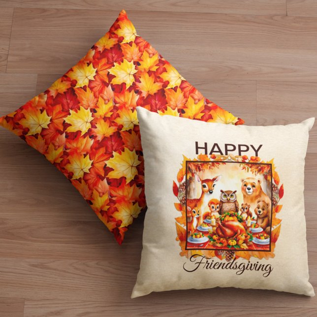 Friendsgiving Woodland Animals Autumn Leaves Cushion (Creator Uploaded)