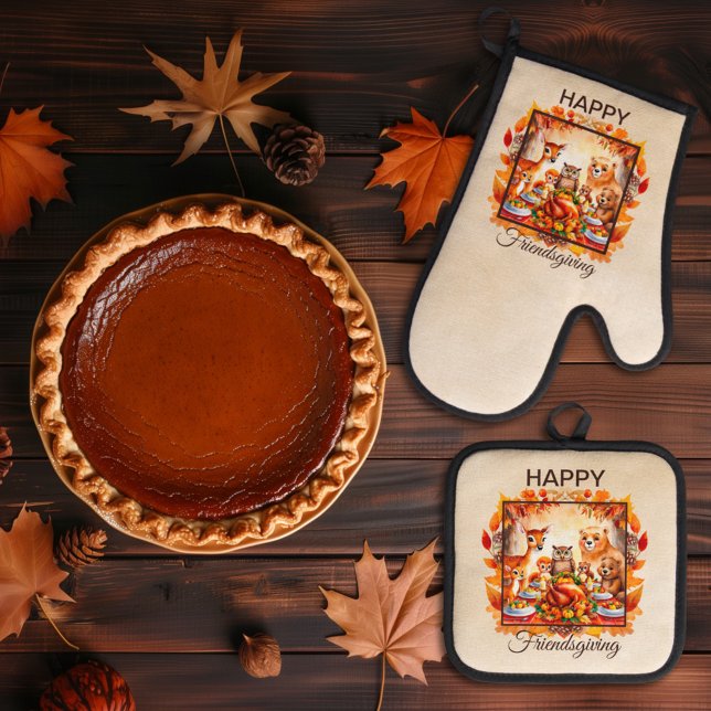 Friendsgiving Woodland Animals Autumn Leaves Oven Mitt & Pot Holder Set (Creator Uploaded)